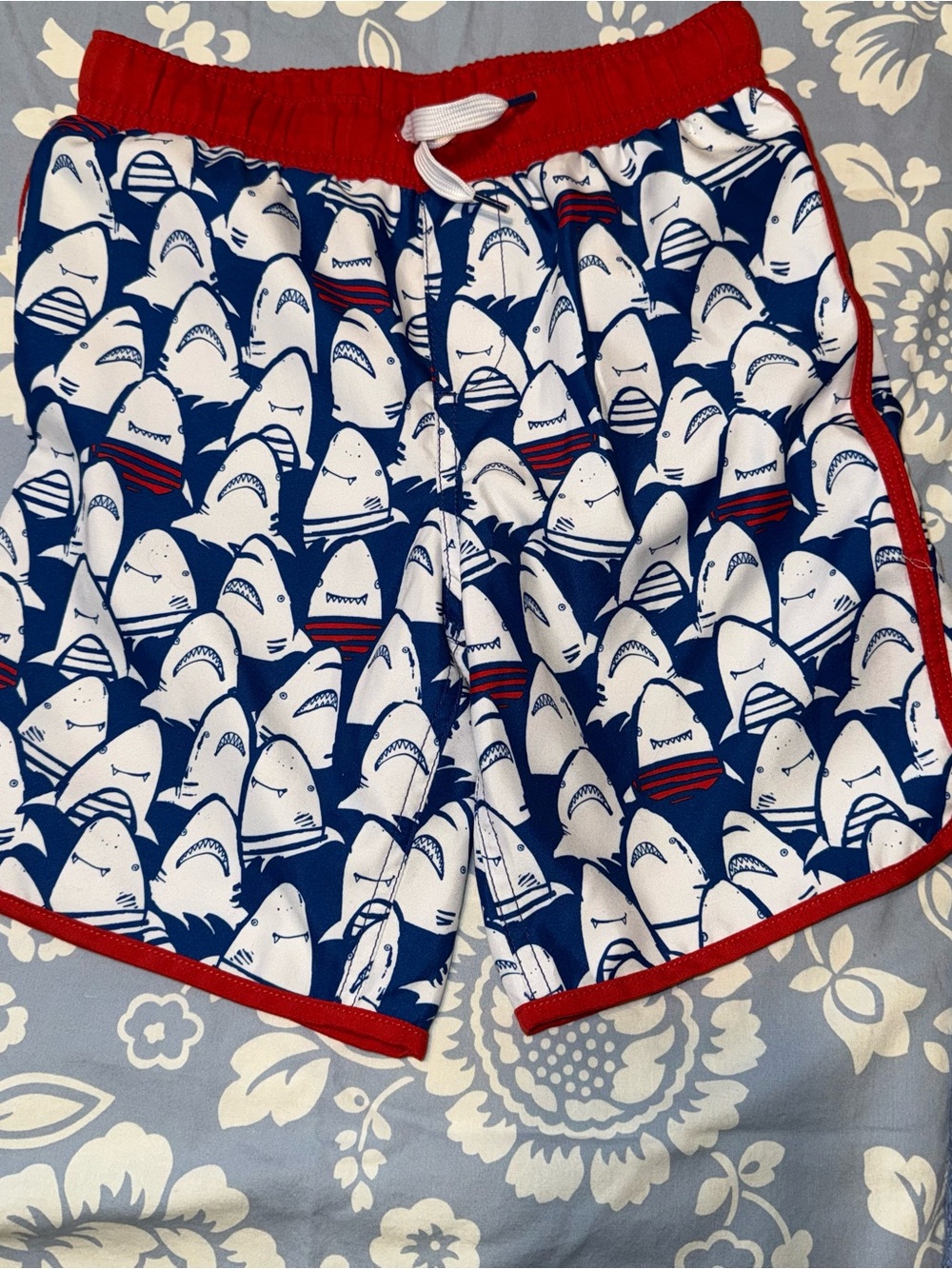 Lands' End Red Waistband Blue Shark Swim Shorts